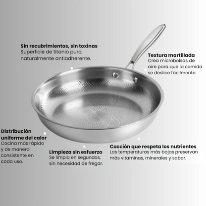 TitanioHV – Sartén de Titanio Puro Antiadherente sin Recubrimientos ni Químicos + Espátula de Titanio GRATIS